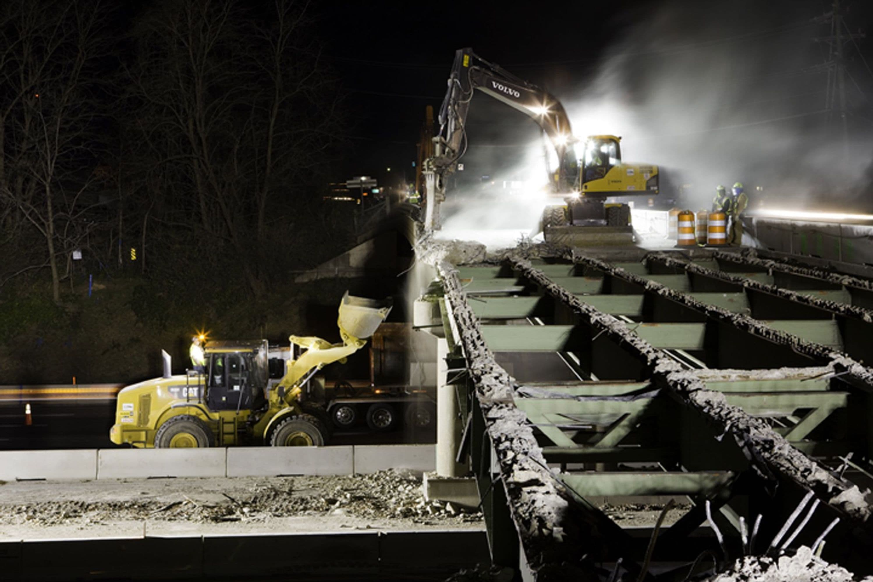 Nighttime bridge demolition