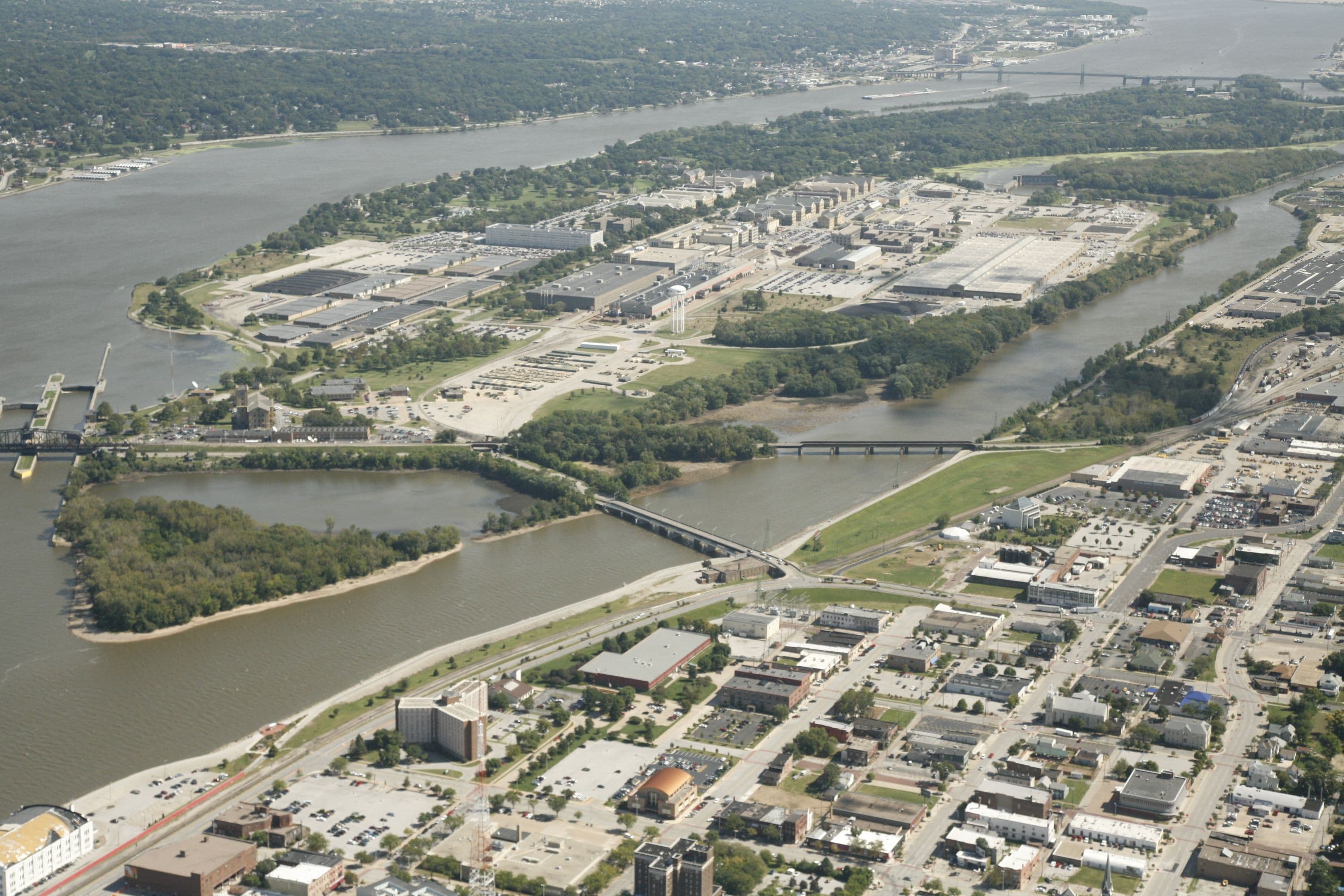 Aerial view of US ACE Rock Island Arsenal