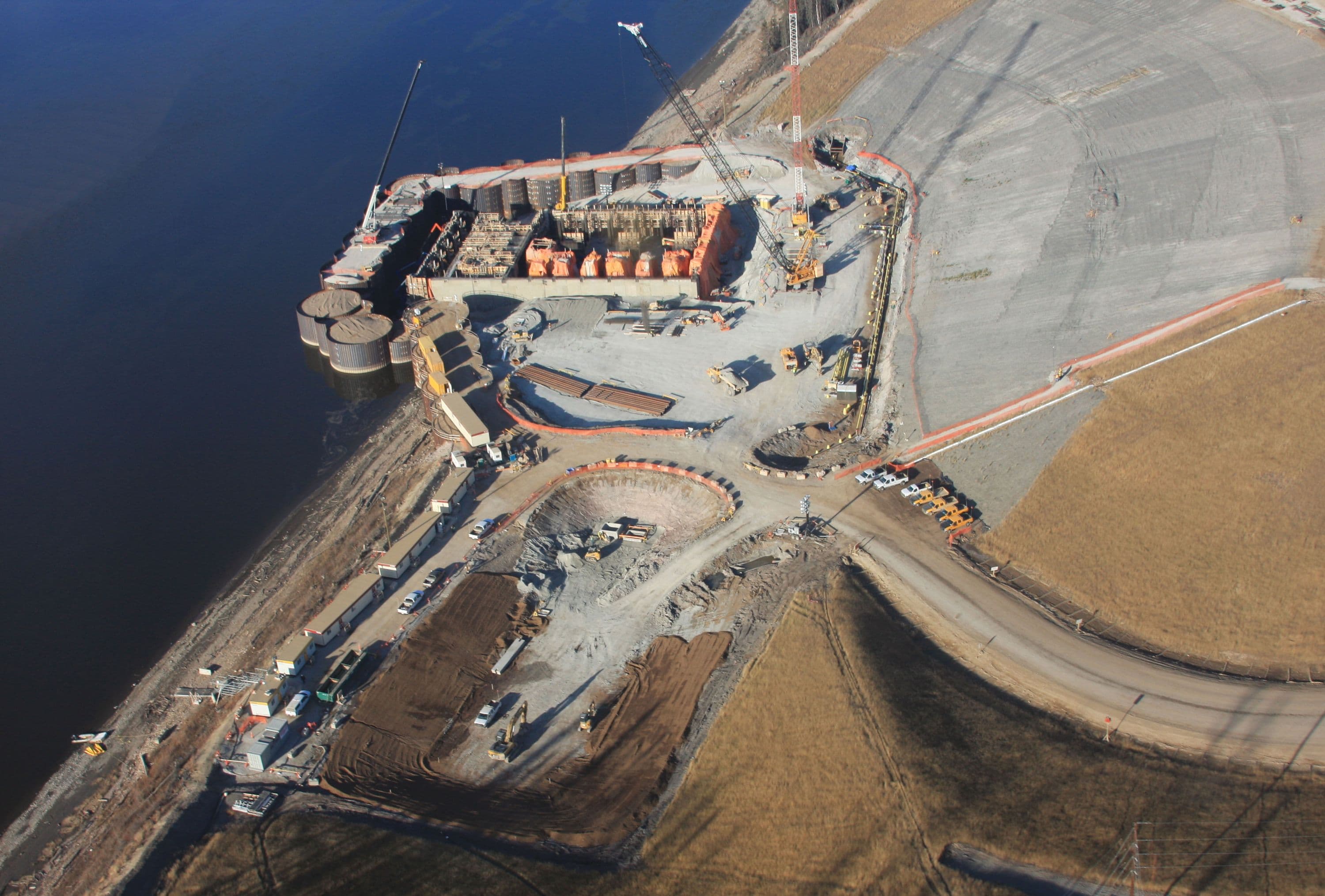 River water intake foundation progress and retaining pond construction