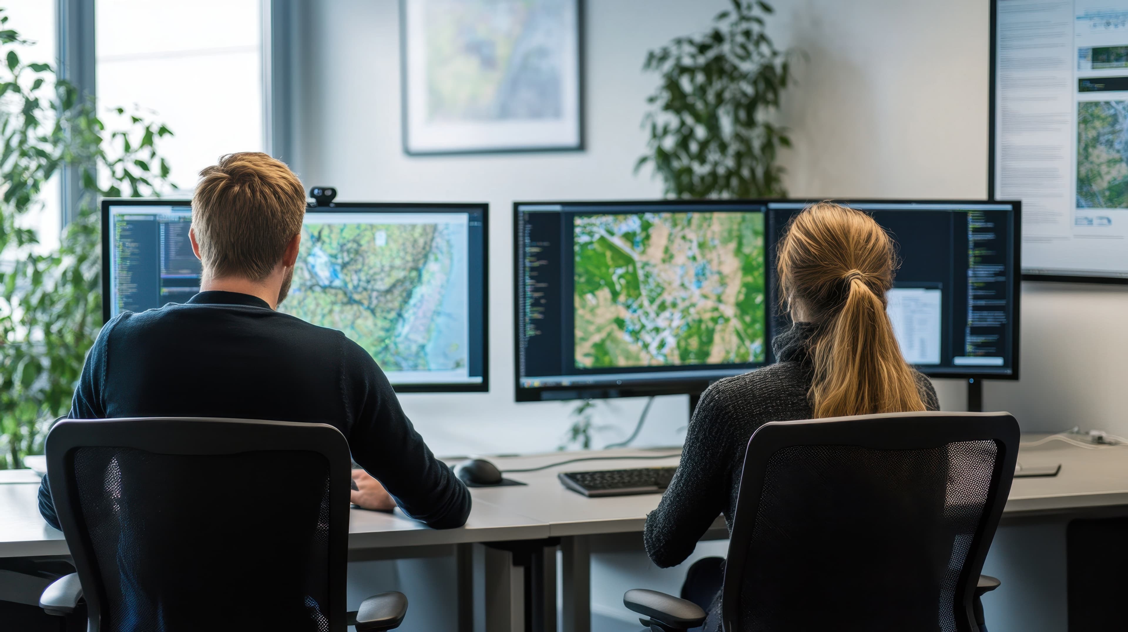 Stock photo of man and woman looking at geographic information on computer screens